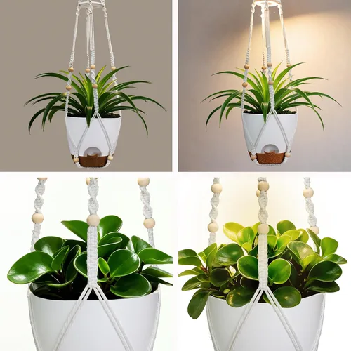 Vista 5 de Macetas colgantes para plantas de interior: paquete de 2 perchas de macramé con luces de cultivo y macetas de riego automático, macetas colgantes