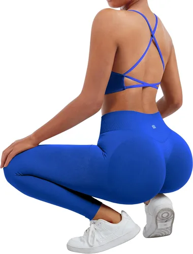 Vista 5 de SUUKSESS Conjuntos de entrenamiento sin costuras para mujer, sujetador deportivo con tiras y cintura alta, pantalones cortos