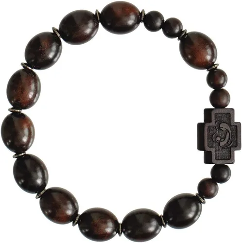 Vista 2 de Sine Cera Pulsera de rosario católico de madera de azufaifo oscuro, cuentas ovaladas lisas de 0.472 in