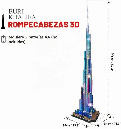 Vista 7 de CubicFun Rompecabezas 3D LED Dubai Burj Khalifa 57.5" H Kits de Modelos de Edificios de Arquitectura para Adultos, Decoración de Recuerdo y Regalos