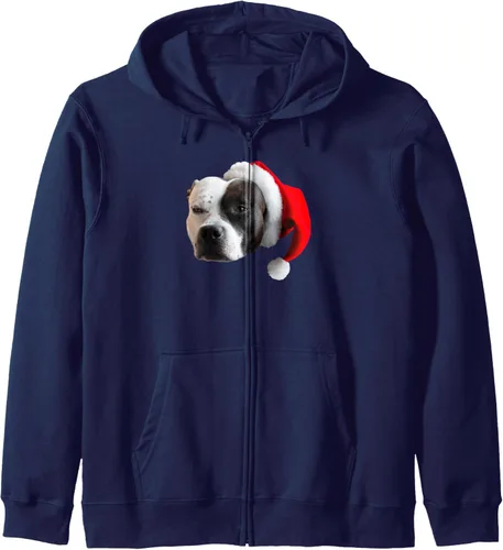 Vista 6 de Cute Pit Bull Terrier Santa Hat Image Christmas Dog Pittie Zip Hoodie Negro