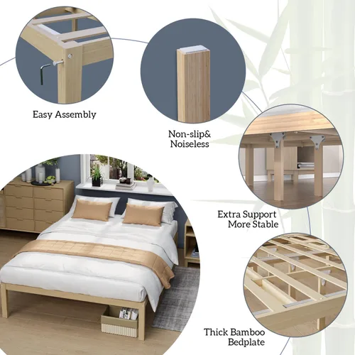 Vista 7 de Marco de cama de bambú tamaño completo con plataforma de madera sólida estable con listones antideslizantes, soporte para cama alta, no necesita