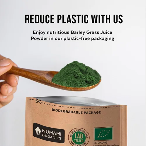 Vista 9 de Numami Polvo de jugo de hierba de cebada orgánica, cultivado en Estados Unidos, puro crudo y soluble en agua, añádelo a tu batido o bebida como jugo