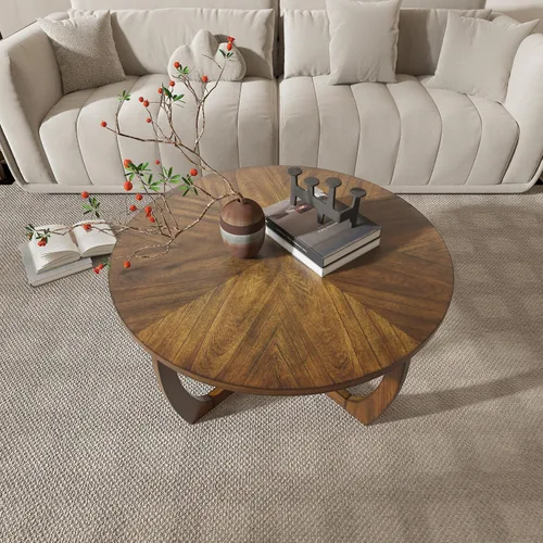Vista 4 de Mesa de centro redonda de madera, mesas de centro de madera maciza para sala de estar, mesa de centro moderna de mediados de siglo con patas