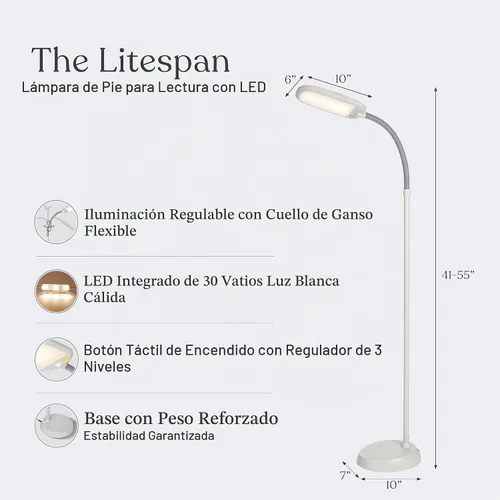 Vista 9 de Brightech Litespan - Lámpara de pie de lectura LED de segunda edición con LED blanco fresco, suave y cálido, atenuador integrado, diseño ajustable