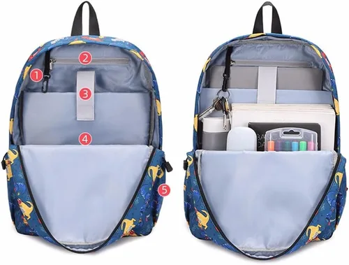Vista 5 de Linda mochila de dinosaurio para niños, niñas preescolares con lonchera para jardín de infantes y escuela, juego de mochila para niños de 3 a 9
