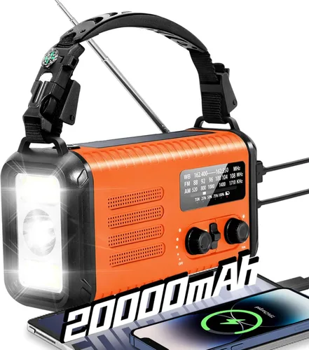 Vista 9 de Radio de emergencia de manivela, radio meteorológica de manivela solar de 20000 mAh / 74000 mWh con NOAA/AM/FM, radio alimentada por batería