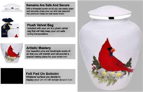 Vista 5 de BOLD & DIVINE Urna para adultos, urna de cremación de pájaro cardenal rojo Urna conmemorativa para adultos, entierro, urnas de cremación fúnebre