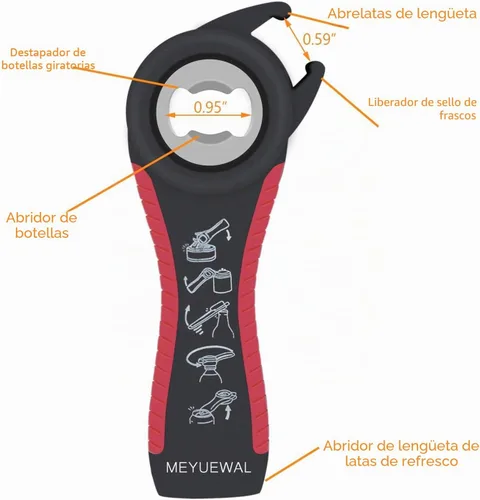 Vista 4 de Abridor de Frascos, Kit Abridor de Latas y Botellas Multifunción 5 en 1 con Mango de Silicona Fácil de Usar para Niños, Ancianos y Personas con Rojo