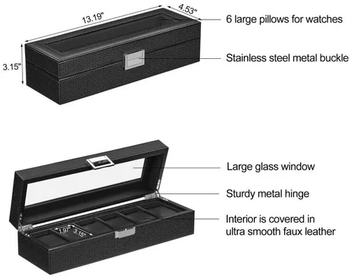 Vista 7 de BEWISHOME Caja de reloj para hombres Organizador de reloj con 6 ranuras, funda de reloj, diseño de fibra de carbono, parte superior de vidrio real