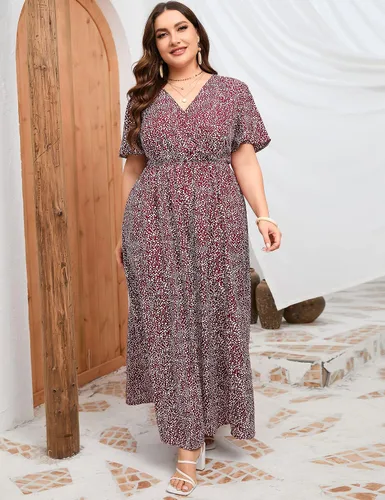 Vista 4 de KOJOOIN Vestido largo cruzado de talla grande para mujer, mangas cortas con volantes, cintura imperio, dividida, acampanado, vestido casual bohemio