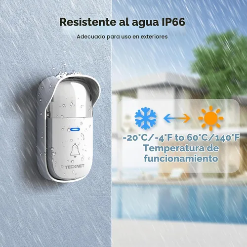 Vista 6 de TECKNET Kit de timbre inalámbrico autoalimentado, timbre de puerta enchufable con luz RGB, 60 campanillas y 5 niveles de volumen, timbre de aula