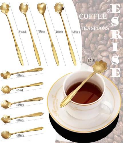 Vista 3 de Juego de 9 cucharas de café con diseño de flores, cucharas de té de acero inoxidable para decoraciones de fiesta de té (dorado)