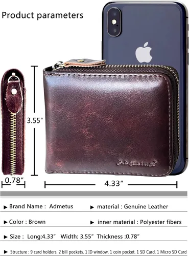 Vista 53 de Admetus - Cartera de piel auténtica para hombre con cremallera, plegable