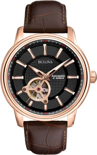 Vista 9 de Bulova Men's Classic 3-Hand Automatic Leather Strap Watch, 21-Jewels, Hack Feature, Luminous Hands and Markers,Open Aperture and Exhibition Case