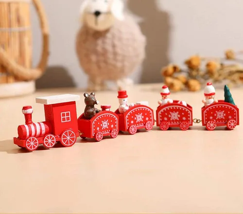 Vista 4 de Happy Trees - Tren de Navidad de madera con muñeco de nieve, mini tren de decoración para fiesta de Navidad, juguetes de adorno de tren de Navidad