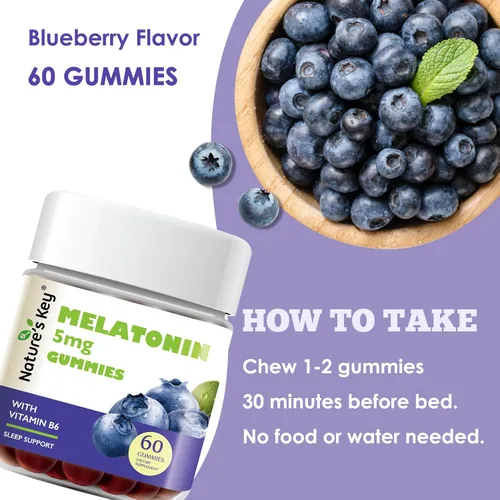 Vista 4 de Nature's Key Gomitas de melatonina para niños y adultos, gomitas de dosis de 5 mg con vitamina B6, sin OMG, sin gluten, sabor natural a arándanos