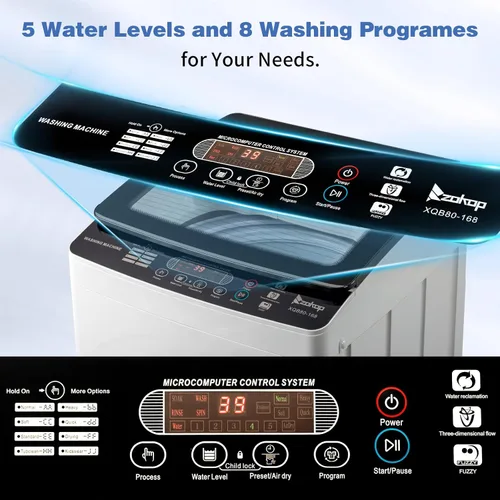 Vista 3 de Lavadora portátil de 3.0 pies cúbicos, lavadora de carga superior totalmente automática de 30 libras con tambor de acero inoxidable, 8 programas, 5
