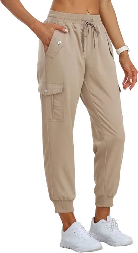 Vista 2 de MoFiz Pantalones cargo para mujer, ligeros, con cintura elástica, pantalones deportivos de senderismo, pantalones casuales de viaje con bolsillo