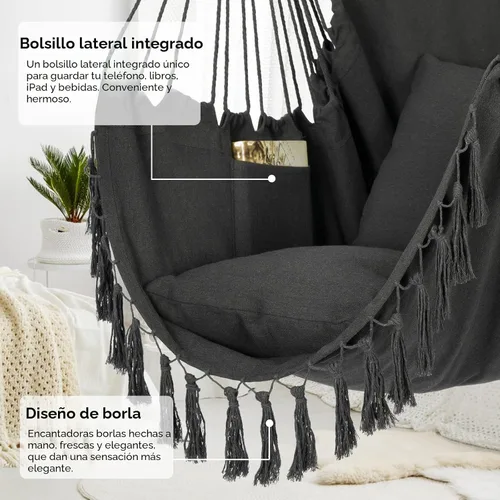 Vista 6 de Y- STOP Silla Hamaca Colgante Columpio de Cuerda, Máximo 500 Libras, 2 Cojines Incluidos, Silla Colgante Grande de Macramé con Bolsillo, Tejido