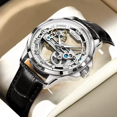 Vista 14 de OLEVS Relojes de esqueleto para hombre, automático, mecánico, de lujo, de cuero, impermeable, luminoso, reloj de pulsera para hombre