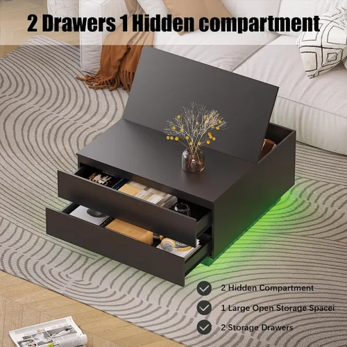 Vista 7 de HedoAjim Mesas de centro cuadradas con almacenamientos, moderna mesa de centro negra para sala de estar, mesas de centro de tapa abatible y 2