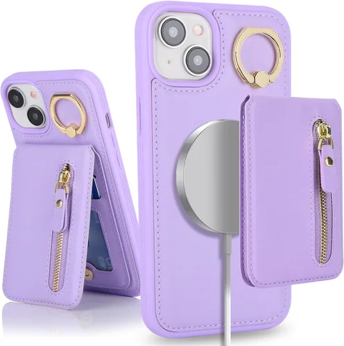 Vista 19 de para iPhone 14 Funda con soporte magnético Magsafe compatible, llavero de cuero PU plegable con soporte desmontable, funda tipo cartera 2-en-1