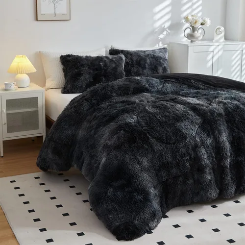 Vista 4 de Wajade Juego de edredón de felpa de pelo sintético teñido anudado negro, juego de ropa de cama mullido y peludo, juego de edredón de microfibra
