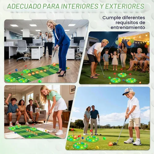 Vista 6 de VATOS Juego de juguetes de golf para niños, juego de golf iluminado con tapete de putting de 6.5 pies, putter de golf, 3 agujeros, 4 bolas