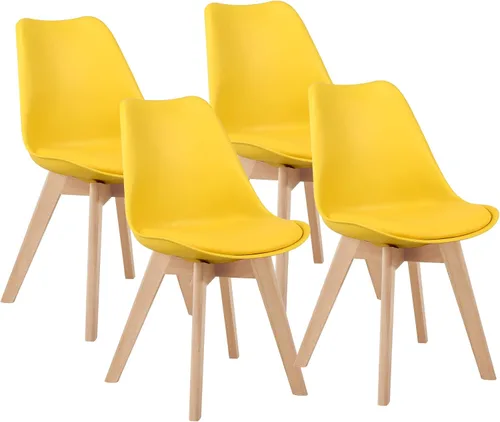 Vista 9 de LSSBOUGHT Sillas de comedor de estilo moderno, silla de plástico Shell Lounge con asiento acolchado suave y patas de madera maciza, juego de 4 Negro
