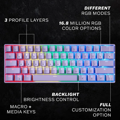 Vista 2 de Teclado mecánico para juegos GK61 - 61 teclas multicolor RGB iluminado LED retroiluminado programable para PCMac Gamer