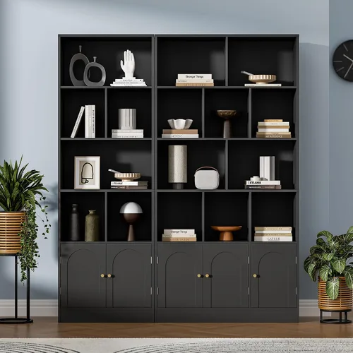 Vista 4 de Housoul Estantería de 71 pulgadas de alto con 10 cubos y 3 puertas, estantería de 4 niveles, estantería abierta con gabinete, organizador de Negro