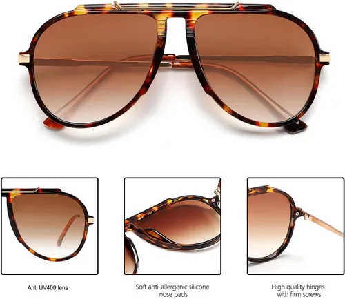 Vista 4 de Gafas de sol de aviador de gran tamaño para mujeres y hombres, estilo retro de los años 70, lentes de sol de metal dorado sin enredos, cuadrados