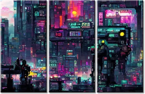 Vista 43 de Arte de pared de 3 piezas de escena de ciencia ficción de la calle comercial futurista paisaje urbano, decoración de pared para dormitorio