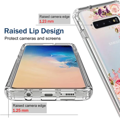 Vista 2 de Funda para Galaxy S10+ Plus SM-G975U con protector de pantalla de vidrio templado, carcasa rígida de diseño floral de cuerpo completo + funda de TPU