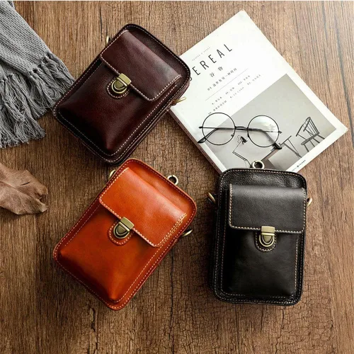 Vista 3 de Ztimi Bolso de mensajero de un solo hombro de color frotado a mano para hombre, bolsa colgante retro pequeña bolsa de teléfono móvil