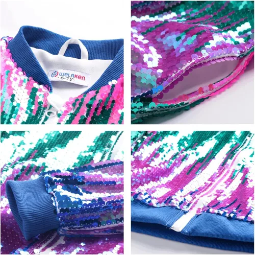 Vista 4 de WELAKEN Chaqueta bomber de lentejuelas ombré con bolsillos para niñas, ligera, brillante, manga larga, cremallera degradada, chaquetas para niños