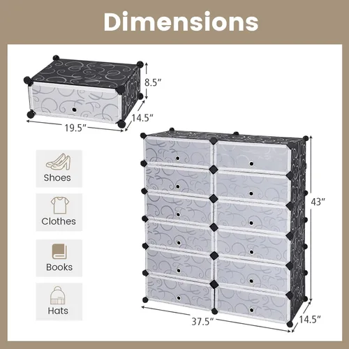 Vista 3 de COSTWAY Organizador de zapatos, estantes de zapatos de 6 niveles con cubiertas, diseño de bricolaje, 24 pares de cajas organizadoras de cubos Negro