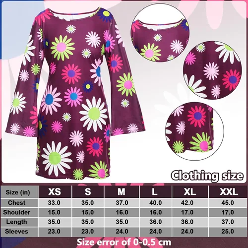 Vista 3 de Jenaai Conjunto de 8 piezas de disfraz hippie de los años 60 y 70 para mujer, signo de la paz, aretes, collar, vestido bohemio, diadema, calcetines