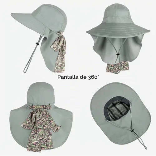 Vista 2 de Solaris UPF 50+ Gorro de ala ancha para mujer - Tamaño pequeño, ligero y plegable, gorro floral refrescante con solapa para el cuello #1 Gris