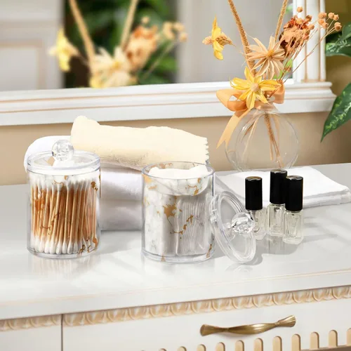 Vista 7 de ALAZA Paquete de 2 dispensadores de soporte Qtip para bolas de algodón, mármol gris, blanco, oro, hisopo de algodón fluido, almohadillas redondas