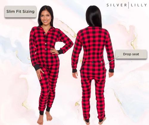Vista 3 de Silver Lilly - Pijamas de una pieza a cuadros para mujer con abertura estilo solapa abotonable en la parte posterior