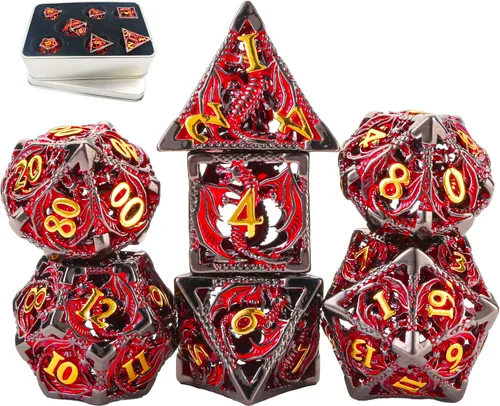 Vista 11 de Juego de dados de metal DND Dungeons and Dragon, juego de dados huecos poliédricos de dragón mágico de 7 piezas con caja de metal de regalo