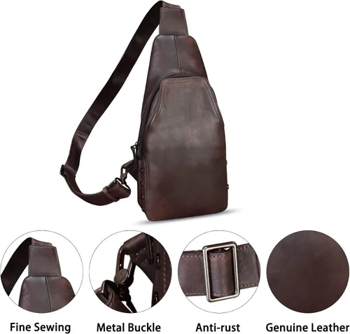 Vista 3 de Bolso de cuero genuino para mujeres y hombres hecho a mano de cuero bandolera mochila pecho bolso bandolera bandolera, Café, Mochilas Sling