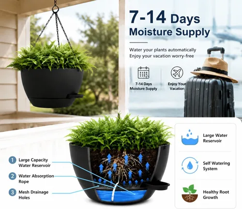 Vista 2 de Macetas colgantes de 10 pulgadas con cadenas, juego de 2, macetas auto-regables de plástico negro para plantas de interior y exterior, decoración