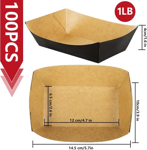 Vista 2 de Whaline 100 bandejas de papel desechables para alimentos, bote de comida de papel negro, 1 libra, papel resistente a la grasa, barcos para servir