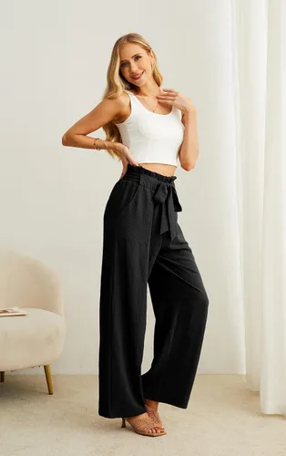 Vista 4 de IWOLLENCE Pantalones de pierna ancha para mujer con bolsillos, cintura alta, nudo ajustable, holgados, casuales, para trabajo y negocios