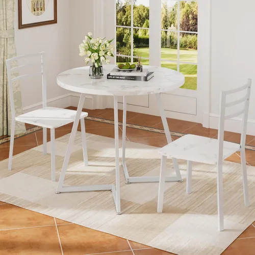 Vista 12 de VECELO Mesa de cocina redonda pequeña con 2 sillas tapizadas, juegos de comedor de madera de 3 piezas con marco de acero para rincón de desayuno