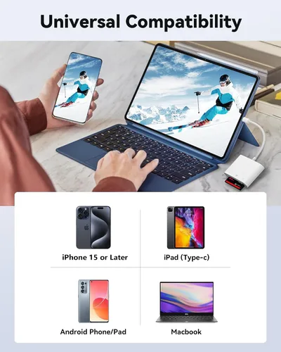 Vista 3 de Lector de tarjetas SD USB C para iPhone 15/teléfono Android/iPad/Mac/computadora portátil, lector de tarjetas micro SD de tres ranuras para tarjetas