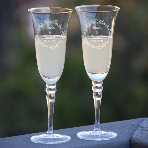 Vista 56 de Juego de 2 copas de champán personalizadas para boda grabadas con caja - Bride & Groom's Wedding Toast